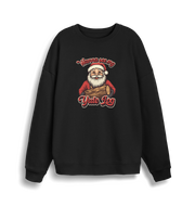black christmas sweater with the graphic of santa holding a log and the slogan 'wanna see my yule log'