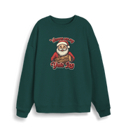 green christmas sweater with the graphic of santa holding a log and the slogan 'wanna see my yule log'