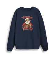navy christmas sweater with the graphic of santa holding a log and the slogan 'wanna see my yule log'