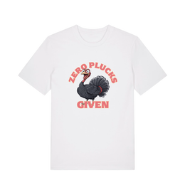 white funny animal t-shirt with the graphic of a turley and the slogan 'zero plucks given'