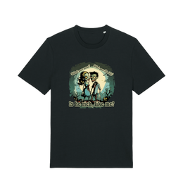 black music t-shirt with two zombies holding hands and the slogan 'is he rich like me'