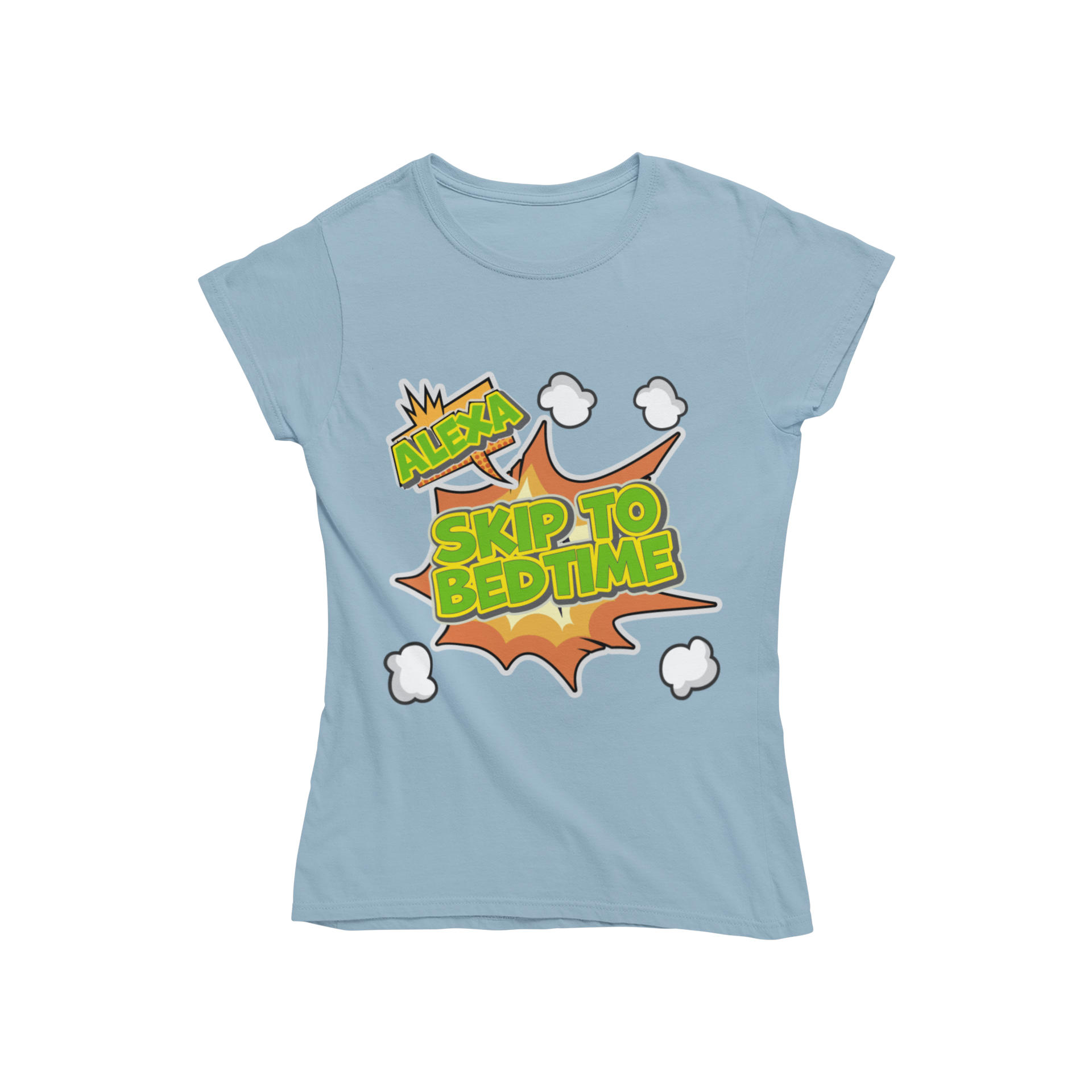Looking for a fun and trendy t-shirt? Look no further than Teevolution! Our ladies fitted t-shirt features the catchy phrase "Alexa skip to bedtime". Stay comfortable while making a statement with this stylish shirt. Order yours today!