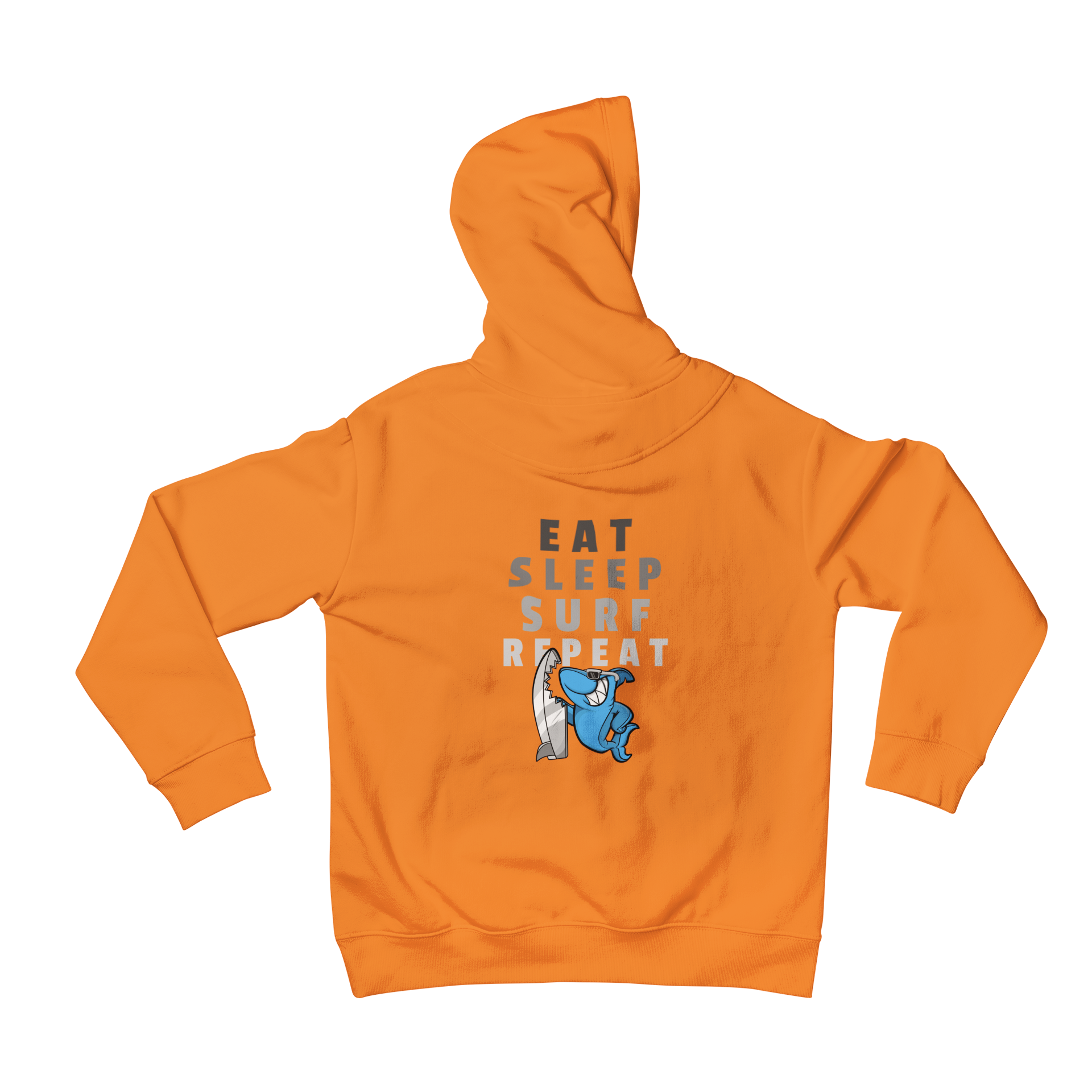 Looking for a cool back print hoodie? Check out Teevolution's back print hoodie with a cartoon shark and the slogan "eat, sleep, surf, repeat." Perfect for lovers of the beach and surfing, this hoodie is sure to make a statement. Order yours today!