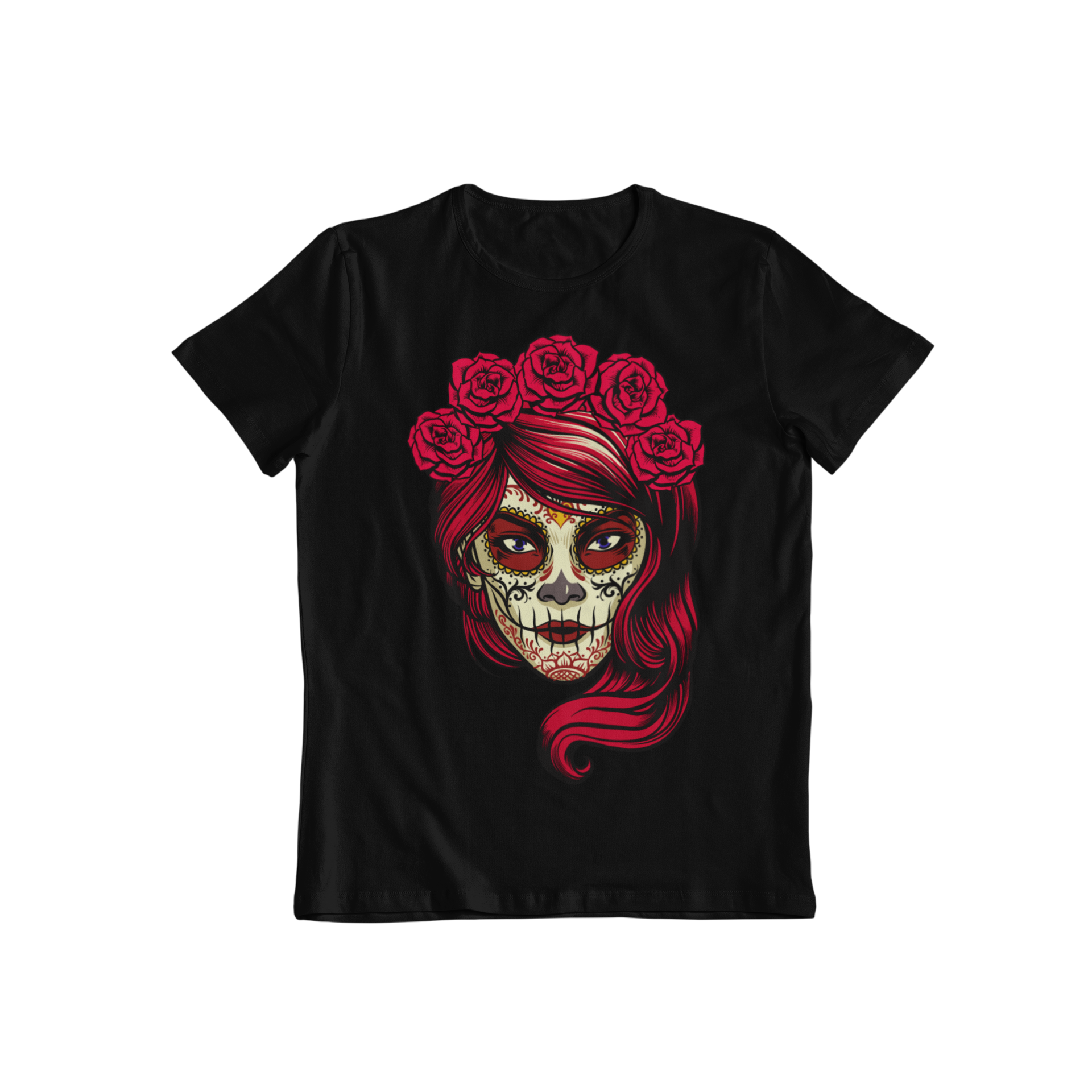 Looking for a unique and bold graphic t-shirt? Teevolution has the perfect addition to your wardrobe with its bright calavera design featuring a painted face and roses in hair. Stand out from the crowd with this eye-catching t-shirt!