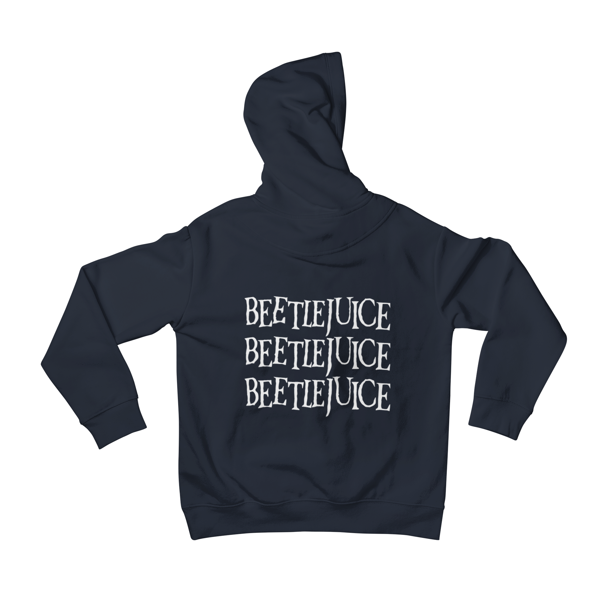 If you are a fan of Beetlejuice, you will love Teevolution's warm back print slogan hoodie. This hoodie is inspired by the comedy/horror movie and features the famous words "Beetlejuice, Beetlejuice, Beetlejuice" on the back. Stay warm and show off your love for the movie with this must-have hoodie.