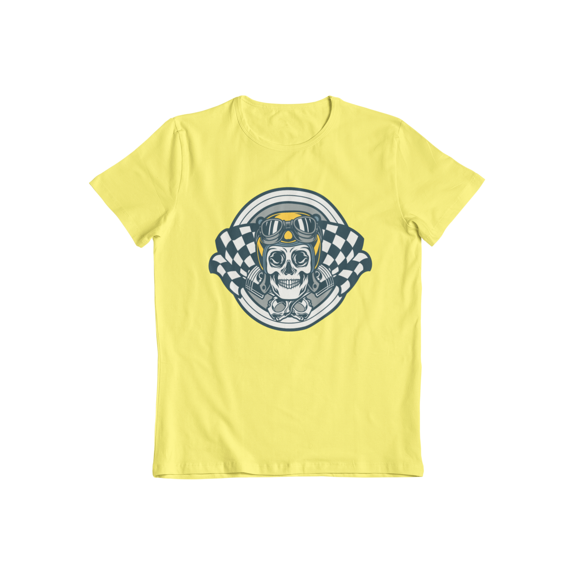 Looking for a new graphic tee that represents your love for cars? Check out Teevolution! Our automotive graphic tee features a skull wearing an open face helmet with pistons and checkered flags. Get your hands on our unique and high-quality t-shirts today!